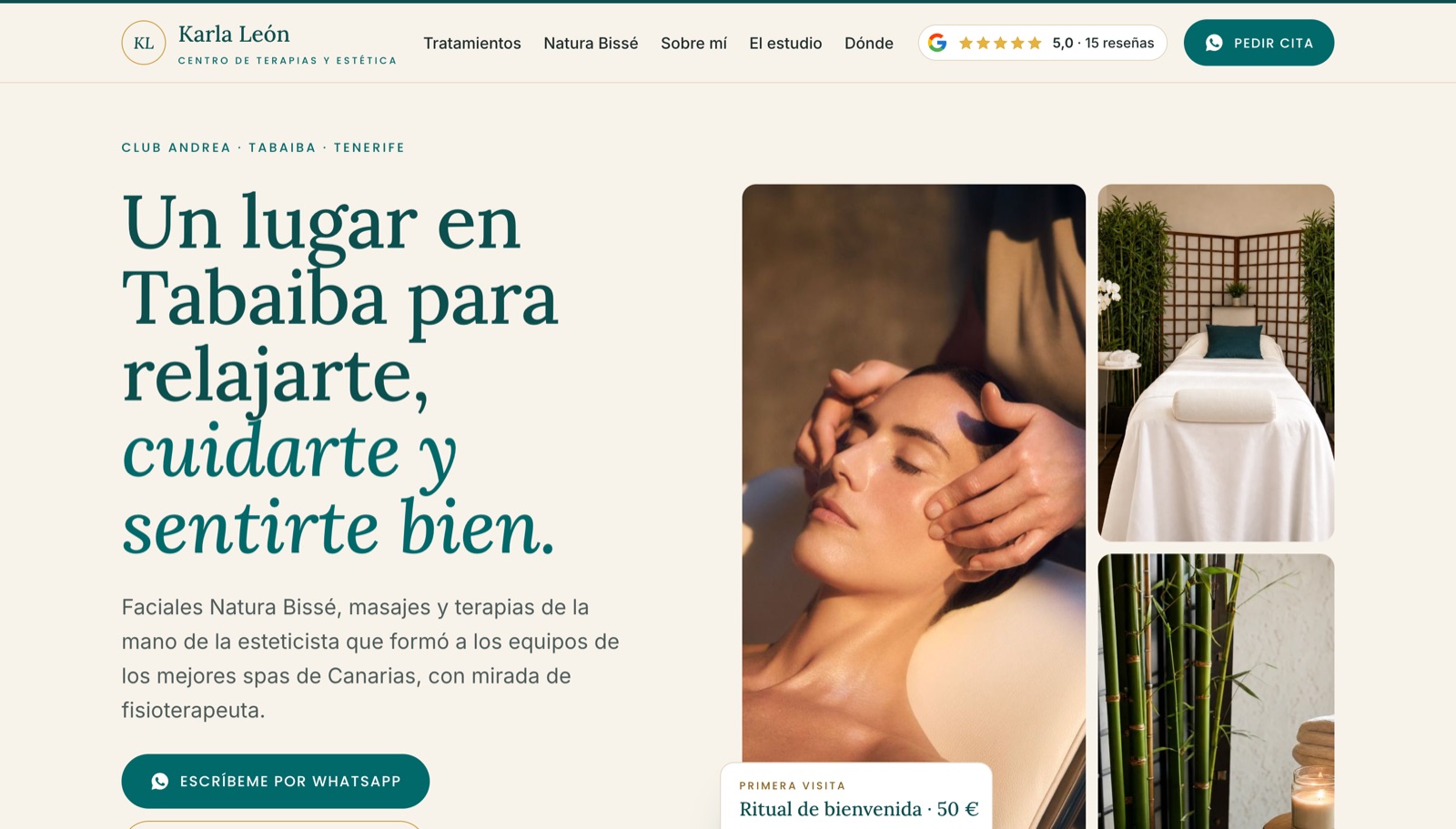 Página de Karla León, centro de terapias y estética en Tabaiba